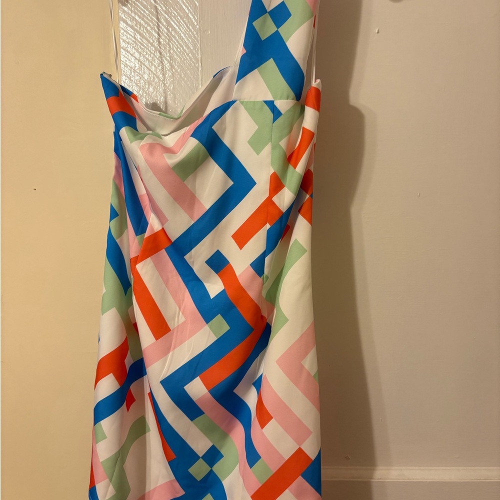Colorful Geometric Pattern One Shoulder Dress - Picture 2 of 4